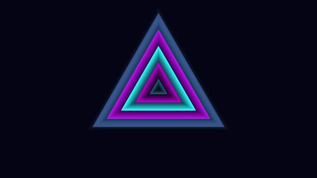 Neon triangle tunnel animation glowing geometric shapes pulsing in rhythmic motion dark backdrop seamless loop digital art design motion graphic style.