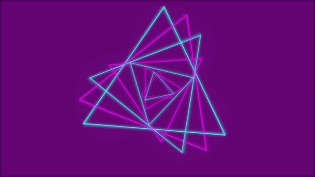 Neon glowing triangle shapes rotating and shrinking in a hypnotic endless tunnel loop animation against a solid dark purple background studio production.