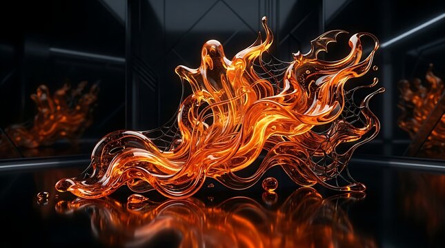 Vibrant orange liquid flames dancing on a reflective surface