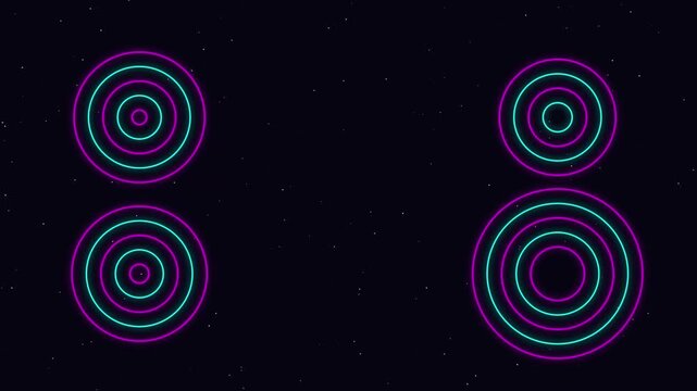 Abstract circular pulse motion background features rhythmic neon glowing rings expanding across dark digital space for futuristic visual music production.