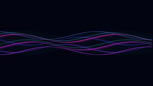 Abstract futuristic waves in neon purple and pink flow on dark background, smooth motion graphic with glowing light trails.