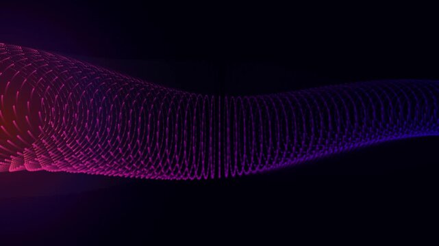 Abstract purple and blue digital particle wave motion background with glowing fiber optic lines flows across dark frame for high tech video projects.
