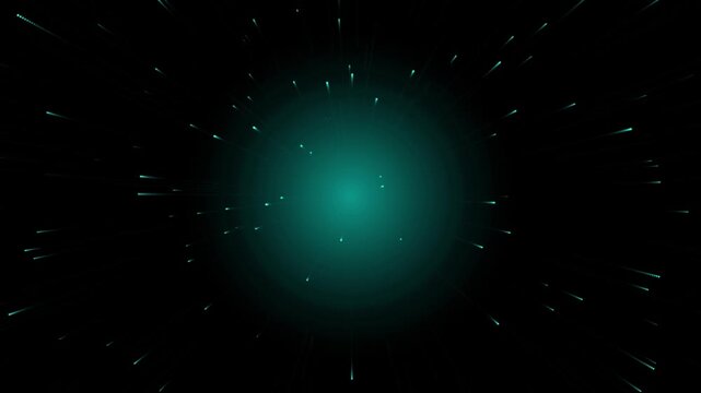 Abstract motion graphic with light streaks radiating from center point creates hypnotic tunnel effect on dark green background for futuristic visual work.