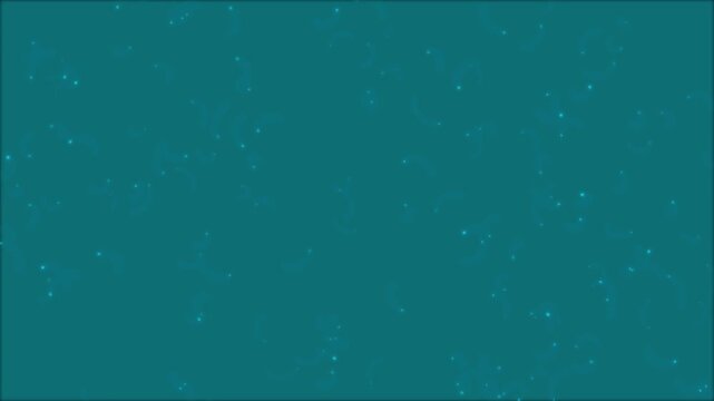 Abstract video background loop showing many small shiny light particles and swirls appearing and disappearing against a teal backdrop creating an ethereal and dreamy ambiance.