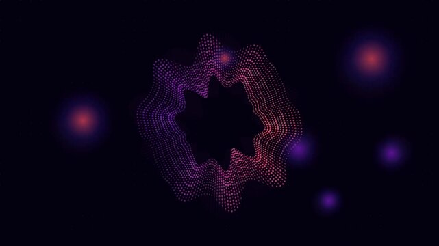 Abstract star shape pulsing with digital dots and glowing particles in dark space.
