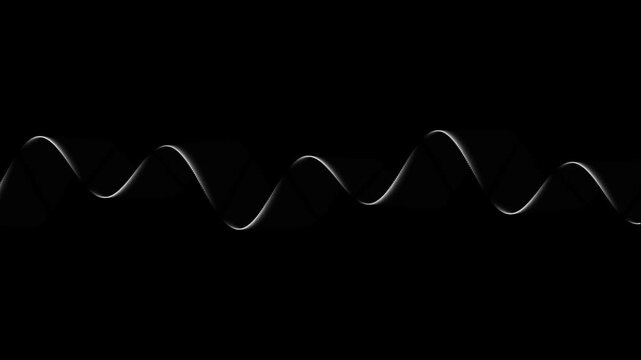 Minimalist white sine wave oscillating on black background representing digital signal processing technology audio frequency or abstract energy pulse.