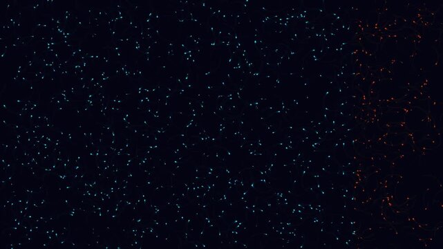 Countless tiny glowing organisms swim in dark space, some are blue some orange, scientific research concept, motion graphic background footage.
