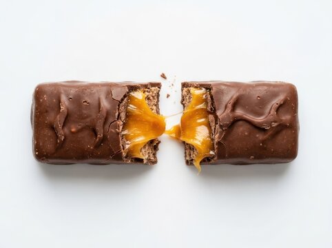 A delicious chocolate candy bar broken in half with gooey caramel center
