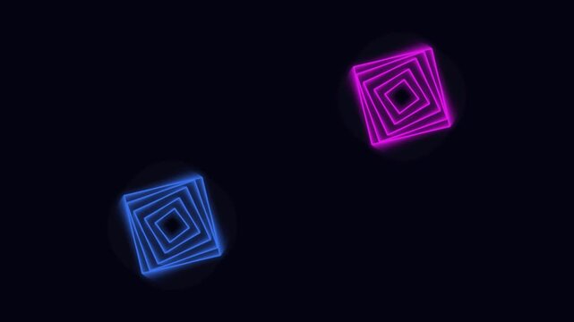 Neon square frames rotating in opposite directions against dark background creating modern aesthetic motion graphic loop for digital media presentation design.