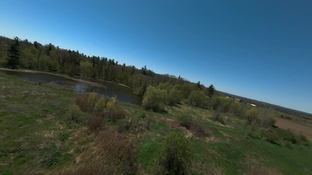 Wide aerial view tracking forward across green fields and wild grassy brush toward a calm rural pond surrounded by green trees under a vibrant clear blue sky in Milton Ontario.