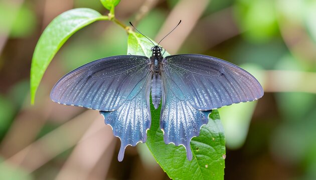 Blue morpho butterfly perched on green leaf outdoors.