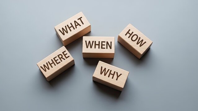Wooden blocks displaying questions on a grey surface for brainstorming