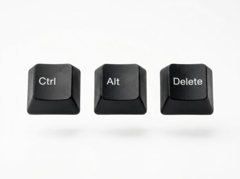 Three floating black computer keyboard keys reading Ctrl Alt and Delete isolated
