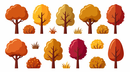 Fototapeta premium Flat autumn tree vector elements and foliage icons showcasing colorful fall trees, seasonal bushes and orange leaves, representing autumn landscape design and nature illustration