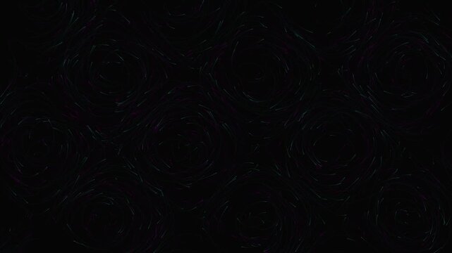 Abstract circular vortex pattern with glowing neon particles swirling on dark background motion graphic animation creating elegant dynamic tunnel effects.