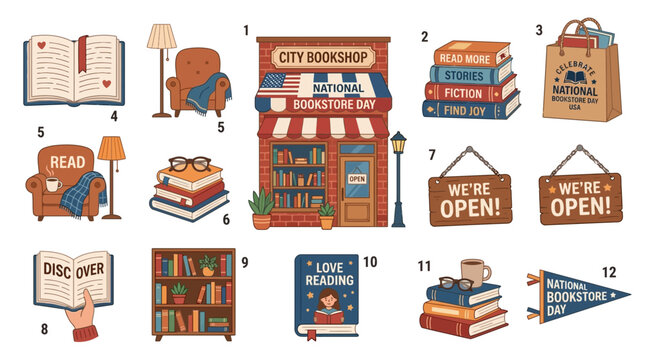 National Bookstore Day vector icons collection featuring reading materials, cozy furniture, and shop elements for literary celebrations