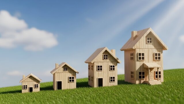 Wooden houses of various sizes arranged on a green grassy hill under a blue sky