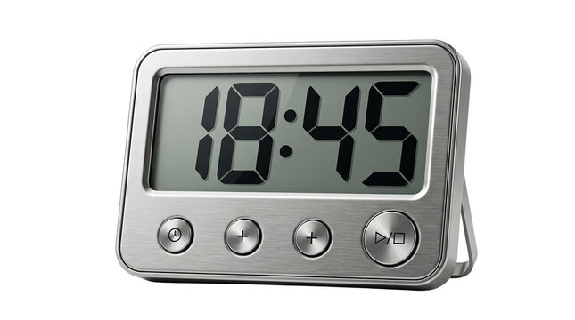 Modern digital alarm clock with silver metal finish, electronic desktop timer showing 18:45, sleek brushed steel kitchen timer on white background