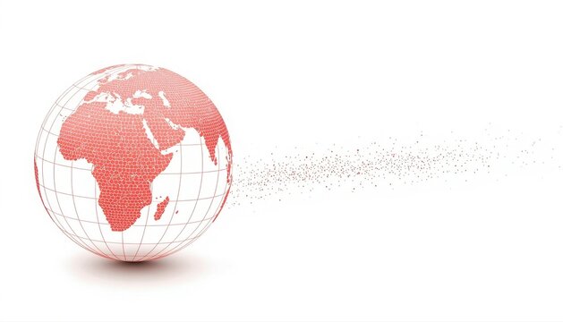 Digital red wireframe earth globe dissolving into particles with wireframe particles dissolve technology connection communication internet abstract background fragmentation geography
