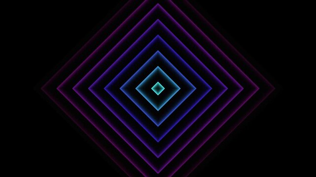 Neon glowing squares pulsating in hypnotic rhythm on black background abstract digital tunnel animation loop motion graphic visual for creative backdrop.