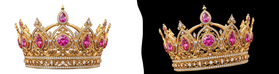 Fototapeta premium Ornate golden crown with pink gemstones isolated on transparent background