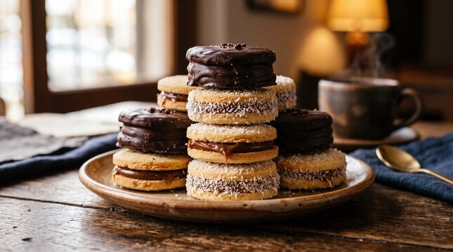 Delicious alfajores cookies stacked high with dulce de leche and chocolate