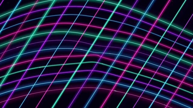 Neon grid lines forming digital curve pattern with glowing dots animation moving continuously against black background for modern tech motion graphic design.