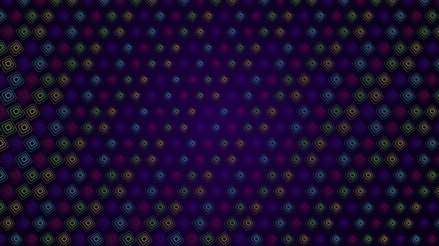 Neon glowing rounded square pattern animation moving in continuous grid motion on dark background abstract digital technology concept modern video loop.