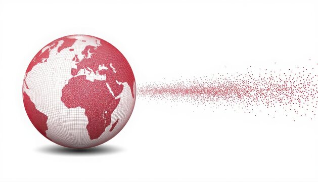 Abstract red digital globe with dissolving particles streaming into space particles dissolving scattering abstract technology connection communication information transformation innovation