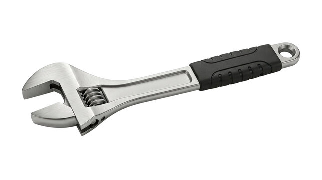 Adjustable wrench with black rubber handle, chrome steel spanner tool for plumbing and repair, isolated metal hand tool on white background