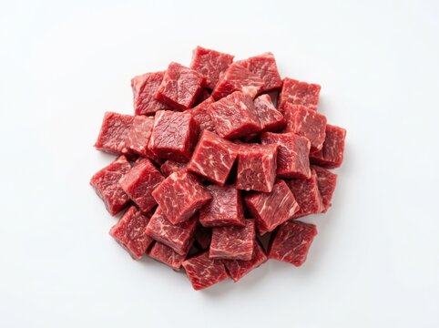 A pile of fresh raw beef cubes isolated on a white background