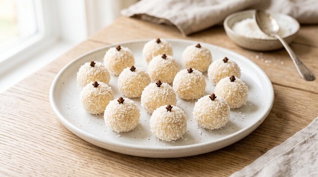 Delicious coconut truffles with cloves on a ceramic plate