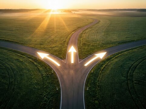 A three way road junction with glowing arrows pointing towards the sunrise