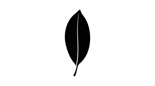Minimalist black leaf silhouette on white background, botanical foliage icon, simple organic plant leaf shape for logo design