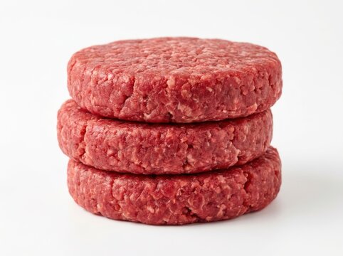 A Stack of Three Fresh Raw Ground Beef Burger Patties on White