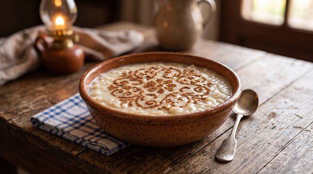 Traditional Portuguese rice pudding dessert with cinnamon art in a rustic bowl
