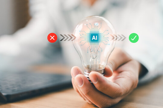 Hand holding light bulb with artificial intelligence AI microchip node, wrong cross right check mark icon flow. AI technology optimization, decision making, choice, business idea innovation concept