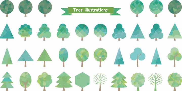 Geometric trees and leaves illustration with a flat watercolor style
