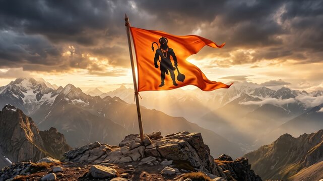 Saffron Flag of Courage with Lord Hanuman Symbol in Mountain Landscape