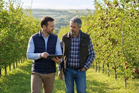 Agricultural investment advisor reviews orchard data with a farmer, discussing crop yields, land value, and rural business growth.