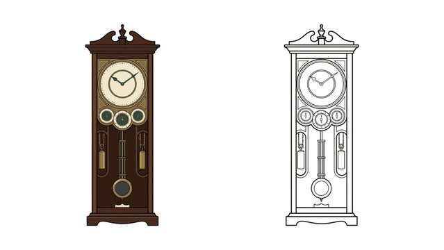 Vintage grandfather clock illustration classic pendulum timepiece in color and outline isolated on white background for design