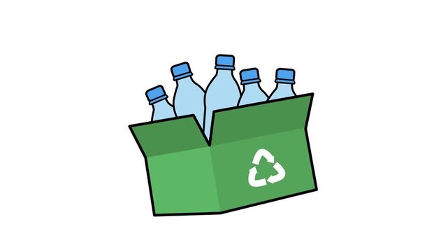 Vector animation of bottle recycling an empty bottle is placed into a green cardboard box. Sustainable, zero-waste lifestyle with white background.