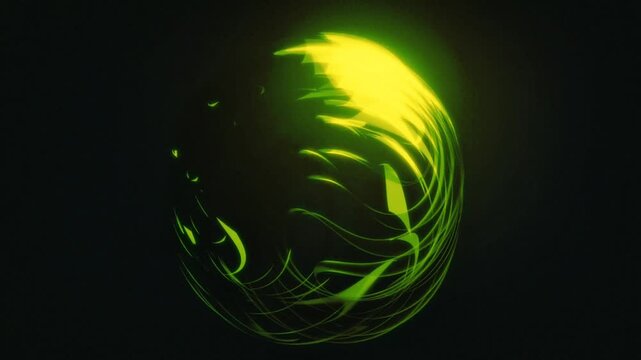 Bright neon green light sphere spinning with energetic light trails on black backdrop. Abstract technology, energy field, dynamic particle orb, sci-fi cyber motion backdrop, and 3D animation.