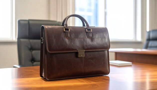 Brown leather briefcase on wooden office desk.