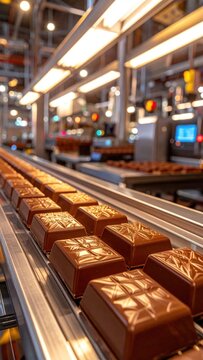 Chocolate candies moving on industrial factory conveyor belt.