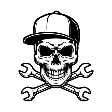 Skull wearing a baseball cap with crossed wrenches.