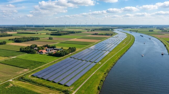 Aerial view of a large solar farm next to a river in the countryside