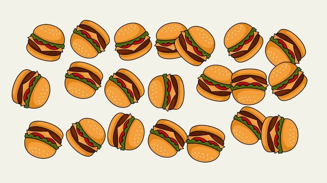 Vector animation of lots of burgers flying on a white background 4K Animations