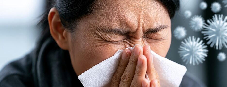 Young woman sneezing while holding tissue and feeling unwell, microbes are floating around  