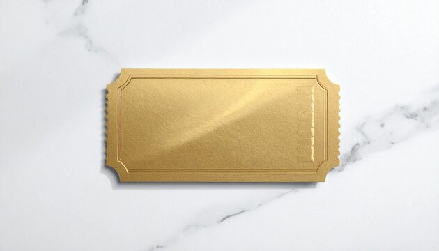 Top view of an elegant golden blank admission ticket resting gracefully on a bright white marble surface with soft natural lighting and sophisticated shadows
